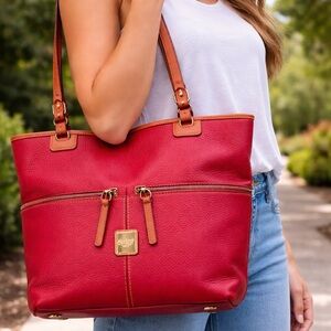 Dooney & Bourke Red Leather Tote with Tan Straps -Authentic